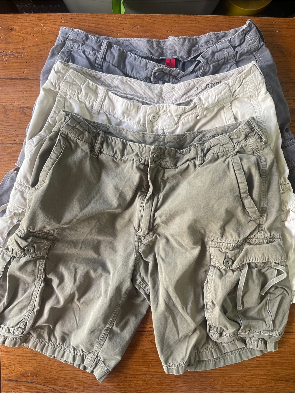 J. Crew Men's Cargo Shorts in Olive, Khaki, and Gray